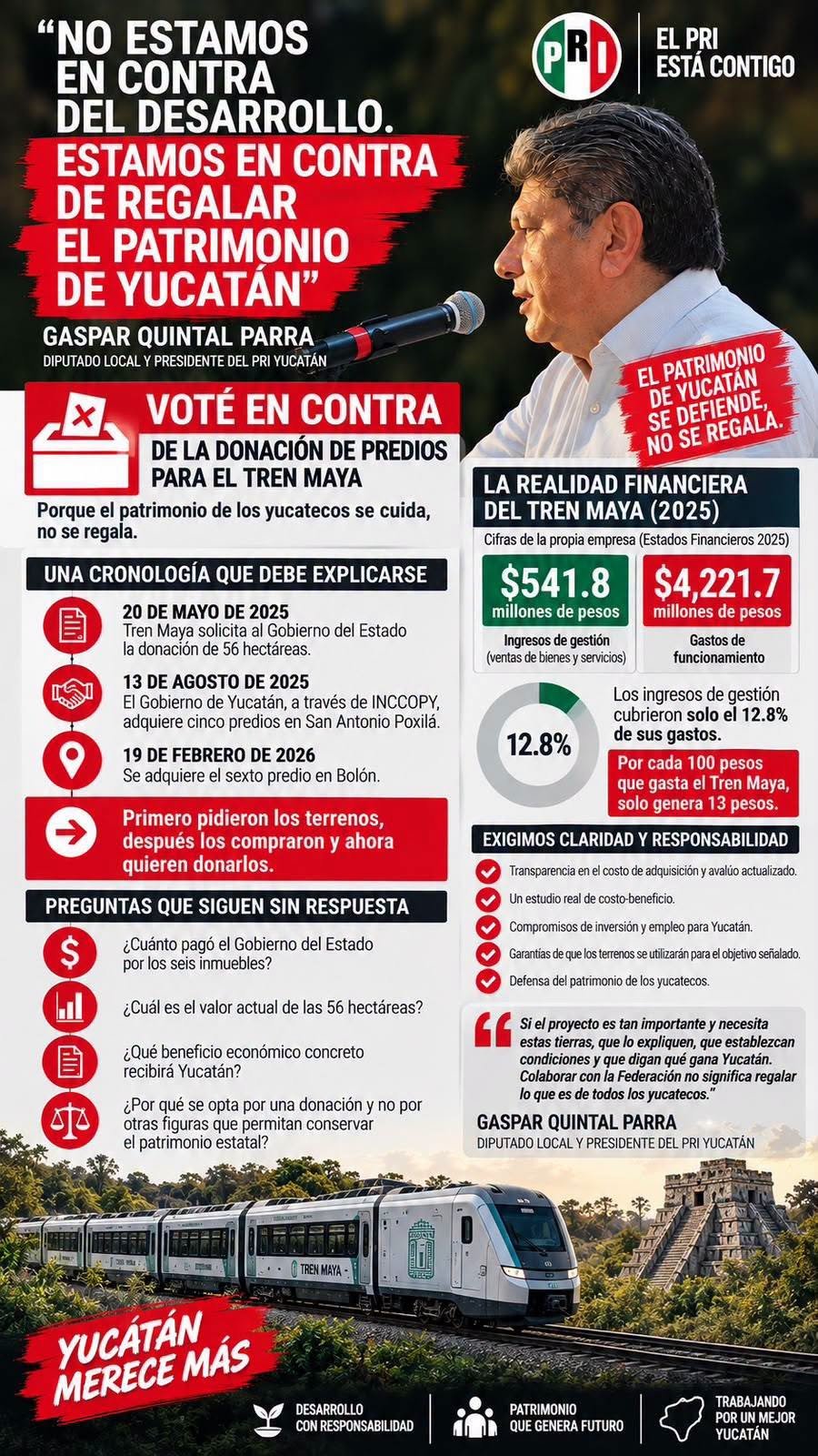 “NO ESTAMOS EN CONTRA DEL DESARROLLO, ESTAMOS EN CONTRA DE REGALAR EL PATRIMONIO DE YUCATÁN”: GASPAR QUINTAL
