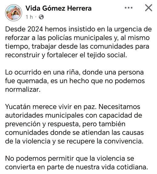 Postura oficial de Vida Gómez, dirigente de Movimiento Ciudadanos en Yucatán.